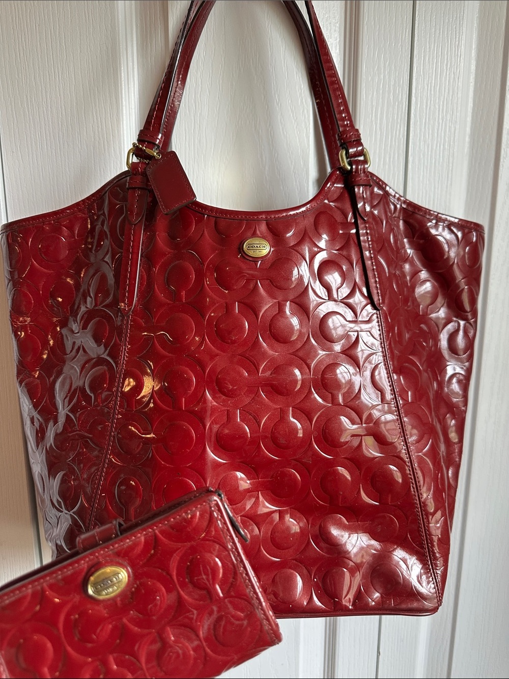 Coach Glossy Red Signature Patent Tote with Matching Wallet